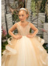 Beaded Champagne Tulle Ruffle Floor Length Flower Girl Dress